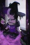  1girl absurdres alternate_costume black_choker black_hair black_hat breasts cauldron choker cleavage closed_mouth dress hat highres holding_potion hololive hololive_english large_breasts multicolored_hair purple_dress ribbon ricius shiori_novella smile solo split-color_hair two-tone_hair virtual_youtuber white_hair white_ribbon witch witch_hat yellow_eyes yorick_(shiori_novella) 