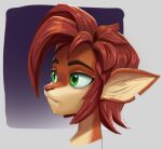  1girl commentary elora_(spyro) english_commentary expressionless furry furry_female green_eyes portrait profile red_hair short_hair snout solo spyro_(series) spyro_reignited_trilogy thehumancopier 
