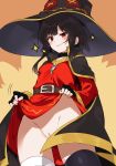  1girl black_hair blush cape dress fingerless_gloves gloves hat highres kono_subarashii_sekai_ni_shukufuku_wo! looking_at_viewer megumin mishima_kurone nude_filter open_mouth pussy red_eyes short_hair skirt skirt_lift smile solo thighhighs third-party_edit underwear witch_hat 