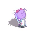  1girl absurdres ahoge arcshizuku cat_shadow_puppet_(meme) chibi eyewear_on_head heaven_burns_red highres ishii_iroha mask_pull meme multicolored_hair purple_eyes purple_hair shadow_puppet shirt skirt solo streaked_hair twintails white_background 