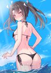  1girl absurdres ass bare_shoulders bikini black_bikini blush breasts brown_hair embarrassed hair_ribbon highres hizaka kantai_collection long_hair looking_back ocean partially_submerged red_eyes ribbon side-tie_bikini_bottom small_breasts solo sunlight swimsuit twintails wet zuikaku_(kancolle) 