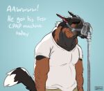 anthro arm_hair body_hair bottomwear canid canine canis clothing cpap_machine domestic_dog german_shepherd grumpy herding_dog hi_res humor lddraws ludwig_(lddraws) male mammal mask pants pastoral_dog pecs shirt slouching solo solo_focus topwear upset wearing_mask