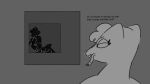 anthro female generation_5_pokemon generation_7_pokemon greyscale group humanoid implied_oral legendary_pokemon looking_out_window male male/female mienshao monochrome nintendo oral pokemon pokemon_(species) rubykadobie silhouette simple_background text voyeur zeraora