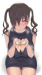  1girl :q alternate_breast_size bare_arms bare_shoulders black_sweater blush breasts breath brown_eyes brown_hair chikuwa commentary_request ear_piercing earrings food from_above glint hair_over_one_eye hair_tie half-closed_eyes heart heart-shaped_pupils holding holding_food idolmaster idolmaster_cinderella_girls jewelry large_breasts long_hair looking_at_viewer nail_polish naughty_face nikuku_(kazedesune) nose_blush piercing pink_nails ribbed_sweater ring sexually_suggestive simple_background sitting sleeveless sleeveless_turtleneck smile solo sunazuka_akira sweater symbol-shaped_pupils tongue tongue_out turtleneck twintails wedding_band white_background 