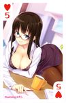  bra breast_hold business_suit card cleavage gin_(artist) megane open_shirt overfiltered pantyhose 