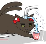  :3 animal_ear_fluff bow brown_cat cat_tail commentary_request cup faucet holding holding_cup kaenbyou_rin kaenbyou_rin_(cat) multiple_tails no_humans noai_nioshi paw_print red_bow tail touhou twitter_username two_tails water you&#039;re_doing_it_wrong 