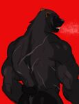 anthro biped breath gulonine hi_res lddraws male male_anthro mammal muscular muscular_male mustelid musteline rear_view red_background red_eyes scar scars_all_over simple_background solo wolverine