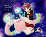  1girl armband blue_eyes chisato_madison earrings full_body hairband jewelry open_mouth pointy_ears rabbit red_hair short_hair shorts star_ocean star_ocean_the_second_story urihara84 