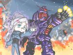  1girl beam_cannon blue_eyes building burning chest_cannon chibi commentary_request debris derivative_work destruction deux_murasame energy energy_gun faceplate finger_cannon firing gundam gundam_gquuuuuux highres machinery mecha mecha_focus mecha_pilot_suit mobile_suit mukago partial_commentary psyco_gundam reactive_armor red_visor robot ruins science_fiction signature sketch smoke v-fin weapon 