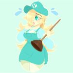  1girl commentary english_commentary eyelashes hair_over_one_eye holding_plunger long_hair mario_(series) plumber plunger rosalina sleepyc0re 