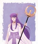  1girl adapted_costume alternate_costume athena_(saint_seiya) blue_eyes clothing_cutout cowboy_shot doodlingwren dress expressionless gem gold_armlet hair_ornament hand_up highres holding holding_staff jewelry kido_saori lipstick long_hair long_sleeves looking_at_viewer lower_eyelashes_only mage_staff makeup neck_ring purple_hair purple_lips purple_sash red_gemstone saint_seiya sash shoulder_cutout solo staff white_dress wide_sleeves 
