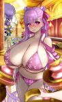  1boy 4girls absurdres animal_hood bandaged_head bandages bare_shoulders bb_(fate) bb_dubai_(fate) bikini black_jacket blush braid braided_hair_rings breasts claw_(weapon) cleavage clothing_cutout command_spell fate/grand_order fate_(series) floral_print fujimaru_ritsuka_(male) giant giantess hair_ribbon hair_rings highres holding_hands hood huge_breasts jacket kingprotea_(fate) long_hair long_sleeves looking_at_viewer meltryllis_(fate) meltryllis_(swimsuit_lancer)_(fate) meltryllis_(swimsuit_lancer)_(first_ascension)_(fate) multiple_girls open_clothes open_jacket passionlip_(celeb_summer_experience_swimsuit)_(fate) passionlip_(fate) penguin_hood pink_bikini pink_eyes pink_jacket pink_ribbon purple_hair raskasar red_eyes ribbon shoulder_cutout solo_focus sunglasses swimsuit thighs very_long_hair weapon yellow_ribbon 