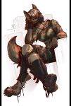 anthro barefoot canid canine canis clothed clothing domestic_dog feet female foot_focus fur hair hi_res knee_pads kredri legwear mammal military_clothing paws solo topwear torn_clothing torn_legwear torn_topwear