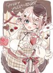  1girl ;d apron beret black_hat blue_eyes box braid brown_apron brown_hair brown_skirt capelet commentary_request dated envelope flower gift happy_valentine hat heart heart-shaped_box highres holding holding_gift long_sleeves looking_at_viewer one_eye_closed original pink_flower pink_rose plaid_apron plaid_clothes puffy_long_sleeves puffy_sleeves rino_cnc rose shirt skirt smile solo tilted_headwear twitter_username valentine white_capelet white_shirt 