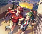  2girls backpack bag banana_peel bike_shorts black_choker black_ribbon black_skirt bow breasts brown_hair chifuin_gyai choker clenched_teeth copyright_notice dog dragon_musume_ni_naritakunai! duel_masters fang food full_body green_jacket hair_ornament hair_ribbon hairpin high_ponytail hood hoodie jacket long_hair loose_socks maguma_mega multiple_girls munaage necktie official_art onigiri open_clothes open_jacket open_mouth orange_eyes outdoors plaid_clothes plaid_skirt ponytail red_bow red_eyes red_hair red_hoodie red_necktie ribbon shirt shoes shoulder_bag sidelocks skirt smile socks sparkle standing standing_on_one_leg sunset teeth very_long_hair white_shirt yellow_eyes 