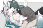 !? 2girls animal_ears black_shirt black_thighhighs blue_eyes blue_hair closed_eyes collared_shirt commentary_request couch feixiao_(honkai:_star_rail) gradient_hair green_hair grey_shirt hair_ornament holding_hands honkai:_star_rail honkai_(series) jouhou kiss lying mixed-language_text multicolored_hair multiple_girls on_back on_couch shirt sitting speech_bubble spoken_interrobang thighhighs translated white_hair white_shirt wolf_ears yukong_(honkai:_star_rail) yuri 
