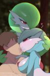 2025 3_fingers absurd_res artist_name back_spikes big_breasts blue_body blue_hair blurred_background bodily_fluids breasts brown_hair chest_spike digital_media_(artwork) dripping female female_humanoid female_on_human fingers forest forest_background gardevoir generation_3_pokemon glistening glistening_breasts green_body green_hair group hair hair_over_eye heart_symbol hi_res human human_on_humanoid humanoid interspecies kissing male male/female male_human male_on_humanoid mammal multicolored_body nature nature_background nintendo outside plant pokemon pokemon_(species) pseudo_clothing red_eyes saliva saliva_drip saliva_on_face shiny_pokemon smile spikes spikes_(anatomy) tan_body text tree trio url voider_(artist) white_body