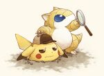  baseball_cap blue_eyes brown_hat claws closed_mouth clothed_pokemon commentary_request fuifui hat holding holding_magnifying_glass hole magnifying_glass no_humans pikachu pokemon pokemon_(creature) pokemon_focus sandshrew stuck tail wavy_mouth 