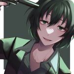  1boy black_hair green_background green_eyes gun gun_to_head highres holding holding_gun holding_weapon male_focus nathu_mochi niccolo_carpediem servamp short_hair weapon 