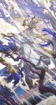  1girl absurdres arknights blonde_hair blue_eyes blue_hair blush closed_mouth dragon_girl dragon_horns dragon_tail dress from_side hair_between_eyes highres horns kieed long_hair looking_at_viewer multicolored_hair pointy_ears shu_(arknights) shu_(bingwenyuyou)_(arknights) sidelocks smile solo tail white_dress white_hair 