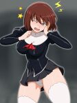  1girl absurdres agent_aika aika_(series) ascot black_delmo black_jacket black_skirt blush breasts brown_hair commentary covered_nipples crotch_seam dated delmogeny_uniform hands_up highres jacket juliet_sleeves kouma_bonmaid long_sleeves one_eye_closed open_mouth panties pantyshot pleated_skirt puffy_sleeves red_ascot rika_(agent_aika) short_hair skirt solo standing underwear white_panties 