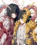  2boys antlers black_eyes black_hair blue_eyes branch burn_scar chinese_text double-parted_bangs e.g.o_(project_moon) flower fur_collar hair_between_eyes heterochromia highres hong_lu_(project_moon) horns limbus_company looking_at_viewer multiple_boys one_eye_covered overgrown project_moon red_robe robe scar smile spicebush_(e.g.o) tears_of_the_tarnished_blood_(e.g.o) upper_body white_background white_robe wuzinan19 yellow_eyes yi_sang_(project_moon) 