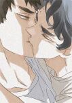  2boys adam&#039;s_apple black_hair brown_eyes brown_hair close-up closed_mouth commentary_request crew_neck film_grain haikyuu!! hk_smith_man kiss looking_at_another male_focus mole multiple_boys multiple_moles sakusa_kiyoomi shirt short_hair t-shirt thick_eyebrows upper_body ushijima_wakatoshi wavy_hair white_shirt yaoi 