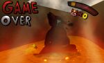 absurd_res anthro burning butt butt_on_fire charred crown digital_media_(artwork) fire game_over gameplay_mechanics gui hand_on_butt headgear health_bar hi_res horn lava male namemeana nude pain red_body solo tail