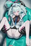  1girl absurdres bdsm bear bestiality blue_eyes blue_hair blue_necktie breasts commentary florence_(girls&#039;_frontline_2) gag_harness girls&#039;_frontline hat highres kuro_(zhurunbo1997) lifting_person necktie nurse nurse_cap pa-15_(girls&#039;_frontline) small_breasts spread_pussy spread_pussy_under_clothes thigh_strap thighhighs white_thighhighs 