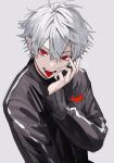  1boy absurdres black_jacket ear_piercing earrings fingernails grey_hair hair_between_eyes highres jacket jewelry kuzuha_(1st_costume)_(nijisanji) kuzuha_(nijisanji) long_fingernails long_sleeves looking_at_viewer male_focus mole mole_under_eye nijisanji open_mouth piercing pointy_ears red_eyes sharp_fingernails shirt simple_background smile solo track_jacket vampire virtual_youtuber white_hair znjxlz 