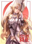  1girl armor black_hair blonde_hair blue_eyes breasts commentary_request cowboy_shot detached_sleeves fate/grand_order fate_(series) flag fur-trimmed_thighhighs fur_trim haruhikohiko head_tilt highres holding holding_flag jeanne_d'arc_(fate) jeanne_d'arc_(ruler)_(fate) jeanne_d'arc_(third_ascension)_(fate) long_hair medium_breasts skirt smile solo thighhighs translation_request vambraces very_long_hair white_skirt 