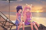  2girls animal_ear_fluff animal_ear_hairband animal_ears beach beach_umbrella bell between_legs blue_hair blush bow cat_ear_hairband cat_ears cat_girl cat_tail chair clothes_writing cloud dress dress_bow english_text fake_animal_ears fake_tail fluffy_tail food-themed_hair_ornament fraise_(nekopara) game_cg green_eyes hair_ornament hair_scrunchie hairband hand_between_legs highres horizon long_hair looking_at_another looking_to_the_side lounge_chair medium_hair minazuki_shigure multicolored_dress multiple_girls nail_polish neck_bell nekopara non-web_source ocean official_art outdoors pink_hair pink_nails purple_eyes sand sayori_(neko_works) scrunchie sitting sunset sweat tail umbrella water wrist_scrunchie yellow_nails 