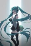  1girl aqua_eyes aqua_hair aqua_necktie armpit_peek backlighting black_skirt black_sleeves black_thighhighs breasts commentary_request detached_sleeves from_side grey_shirt hatsune_miku headset highres holding kanzaki_hiro long_hair looking_at_viewer medium_breasts miniskirt necktie number_tattoo pleated_skirt shirt shoulder_tattoo skirt solo stuffed_toy tattoo thighhighs twintails very_long_hair vocaloid zettai_ryouiki 