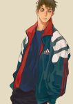  1boy adidas alternate_costume black_pants blue_shirt brown_eyes brown_hair closed_mouth collared_jacket commentary_request cowboy_shot frown haikyuu!! hand_in_pocket hk_smith_man jacket long_sleeves looking_to_the_side male_focus open_clothes open_jacket pants patterned_clothing shirt short_hair simple_background solo standing ushijima_wakatoshi 