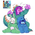 animal_costume anthro back_plates back_spikes blue_body blue_hair blue_skin blush bone bovid canid canine canis caprine claws clothing costume darkner deltarune domestic_dog eyewear female flower freckles fur glasses goat group hair hi_res human kris_(deltarune) lagomorph leporid lizard lluminousllama long_hair male mammal monster object_in_mouth open_mouth plant pose purple_body purple_hair purple_skin rabbit ralsei reptile scales scalie screencap sharp_teeth signature simple_background spikes spikes_(anatomy) susie_(deltarune) teeth trio undertale_(series) white_background white_body white_fur zipper