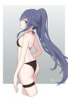  1girl ass back bikini black_bikini black_hair blue_eyes breasts butt_crack fu_hua honkai_(series) honkai_impact_3rd long_hair looking_at_viewer looking_back neru_yinwu ponytail small_breasts solo sweat swimsuit thigh_strap very_long_hair 
