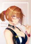  1girl absurdres bespectacled black_collar blush breasts brown_hair character_name collar commission food girls&#039;_frontline glasses grizzly_mkv_(girls&#039;_frontline) grizzly_mkv_(weekend_cop)_(girls&#039;_frontline) grizzly_win_mag hair_ornament hair_scrunchie highres holding holding_food holding_pocky holster large_breasts peace_symbol pocky ponytail purple_eyes red-framed_eyewear scrunchie short_hair shoulder_holster solo tank_top tfnfe_sach 