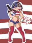  1girl :3 american_flag american_flag_print blue_eyes breasts character_name flag_print gun hair_between_eyes handgun highleg highleg_panties highres holding holding_gun holding_weapon large_breasts looking_at_viewer midriff navel original panties personification red_panties red_thighhighs short_hair short_shorts shorts solo star-shaped_pupils star_(symbol) striped_hair swisschocoart symbol-shaped_pupils thighhighs underboob underwear weapon 