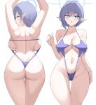  1girl :o absurdres aoi_(blue_archive) ass backboob blue_archive blue_eyes blue_halo breasts commentary_request elf halo highres kurochomo large_breasts looking_at_viewer multiple_views navel pointy_ears purple_hair purple_slingshot_swimsuit simple_background slingshot_swimsuit stomach swimsuit thick_thighs thighs white_background 
