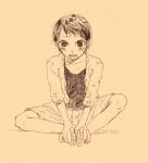  1boy blush butterfly_sitting cardigan child collarbone faux_traditional_media full_body hands_on_own_feet hatching_(texture) knees lampione75 leaning_forward linear_hatching looking_at_viewer male_focus midousuji_akira open_cardigan open_clothes paper_texture parted_bangs shirt short_hair shorts sitting skinny sleeves_pushed_up solid_circle_pupils solo stippling_(texture) teeth wide-eyed yowamushi_pedal 