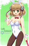  1girl animal_ears artist_request blush bow breasts brown_hair bunny_ears bunnysuit character_name cleavage covered_navel cuffs detached_collar eyebrows_visible_through_hair fake_animal_ears flower green_background green_eyes hair_bow leia_rolando looking_at_viewer medium_breasts open_mouth pantyhose shiguko short_hair smile staff standing tales_of_(series) tales_of_xillia wrist_cuffs 