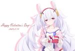  1girl absurdres animal_ears azur_lane bow box box_of_chocolates breasts camisole chinese_commentary chocolate closed_mouth collarbone commentary_request dated english_text fake_animal_ears gift gift_box hairband happy_valentine headgear heart highres holding holding_box holding_gift incoming_gift jacket laffey_(azur_lane) long_hair long_sleeves pink_jacket rabbit_ears red_eyes red_hairband ribbon simple_background small_breasts smile solo strap_slip twintails valentine white_background white_bow white_camisole white_hair white_ribbon z-wumi 