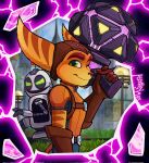 2025 anthro assassyart belt brown_clothing brown_gloves brown_handwear clank_(ratchet_and_clank) clothing dr._nefarious duo eyebrows fur gloves green_eyes handwear headgear headwear hi_res kit_(ratchet_and_clank) lombax machine male mammal one_eye_closed portrait ratchet_(ratchet_and_clank) ratchet_and_clank rivet_(ratchet_and_clank) robot smile sony_corporation sony_interactive_entertainment striped_body striped_fur stripes wink yellow_body yellow_fur