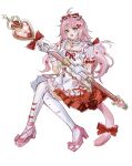  1girl :d absurdres arknights bow chinese_commentary commentary_request dress footwear_bow frilled_bow frills full_body gloves goldenglow_(arknights) goldenglow_(party_in_the_garden)_(arknights) hair_bow hair_ornament heart heart_hair_ornament highres holding holding_staff invisible_chair long_hair looking_at_viewer mismatched_thighhighs official_alternate_costume open_mouth pink_bow pink_hair pink_shoes pink_tail red_bow shoes short_sleeves simple_background sitting sketch smile solo staff striped_clothes striped_thighhighs tail tail_bow tail_ornament thighhighs vertical-striped_clothes vertical-striped_thighhighs white_background white_dress white_gloves white_thighhighs yellow_eyes zhishi_mao_tiao 