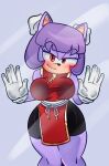 against_surface anthro asian_clothing bedroom_eyes big_breasts blush breasts chinese_clothing chinese_dress clothing dress east_asian_clothing eulipotyphlan fan_character female fur gloves hair hair_bun half-closed_eyes handwear hedgehog hi_res huge_breasts looking_at_viewer mammal narrowed_eyes on_glass purple_body purple_fur purple_hair seductive sega shyna_the_hedgehog simple_background smile solo sonic_the_hedgehog_(series) thick_thighs twin_buns xao_art