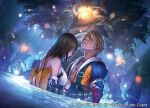  1boy 1girl blonde_hair blue_eyes brown_hair copyright_notice detached_sleeves final_fantasy final_fantasy_x fuji_q head_down holding_another&#039;s_arm japanese_clothes light_particles looking_up magic:_the_gathering obi official_art partially_submerged sash tidus water wet yuna_(ff10) 