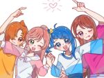  1boy 3girls :3 ;p ahoge arm_up asymmetrical_bangs asymmetrical_hair bare_arms blue_eyes blue_hair blue_shirt blue_skirt blunt_bangs bow bowtie brown_hair buttons casual closed_mouth commentary denim denim_skirt dot_nose eyelashes green_eyes hair_bow hair_bun hair_over_one_eye happy heart height_difference high-waist_skirt hijiri_ageha hirogaru_sky!_precure holding_hands interlocked_fingers leaning_to_the_side light_blush long_hair long_sleeves loose_hair_strand multiple_girls nijigaoka_mashiro one_eye_closed open_mouth orange_hair orange_vest outstretched_arm pink_hair pink_shirt precure puffy_long_sleeves puffy_short_sleeves puffy_sleeves purple_eyes qianwa_shi_biao sailor_collar shirt short_sleeves side_ponytail simple_background single_hair_bun skirt smile sora_harewataru standing straight_hair swept_bangs t-shirt tareme teeth tongue tongue_out two-tone_shirt upper_body upper_teeth_only v-neck very_long_hair vest white_background white_bow white_bowtie white_sailor_collar white_shirt wide_sleeves yellow_bow yuunagi_tsubasa 