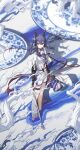  1girl absurdres ambience_synesthesia arknights black_sleeves blue_flower blue_hair ch&#039;en_(arknights) closed_mouth flower hair_between_eyes hair_flower hair_ornament highres horns jacket kieed long_hair looking_at_viewer navel official_alternate_costume partially_submerged revision shirt shorts sidelocks solo tail thigh_strap white_jacket white_shirt white_shorts 