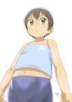  1girl bike_shorts brown_eyes brown_hair camisole expressionless female midriff navel original satsuyo short_hair simple_background solo tomboy white_background 