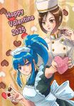  2025 2girls apron bardothodol between_fingers blue_eyes blue_hair box brown_eyes brown_hair candy chef_hat chocolate closed_mouth commentary earrings food happy_valentine hat heart heart-shaped_box heart-shaped_chocolate heart-shaped_food highres holding holding_box holding_chocolate holding_food jewelry leona_heidern maid maid_apron maid_headdress multiple_girls open_mouth outstretched_arm ponytail red_skirt serious shirt short_hair sidelocks skirt smile the_king_of_fighters valentine whip_(kof) white_apron white_hat white_shirt 